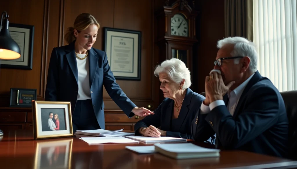 Wrongful death lawyer meeting with a grieving family to discuss a legal claim.