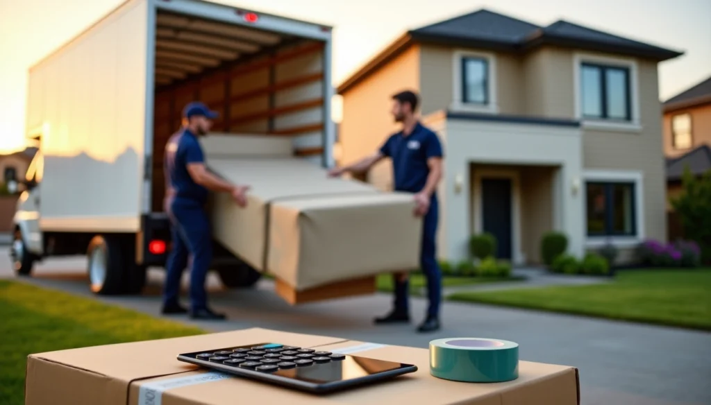 Two Men and a Truck moving service, professional movers carrying furniture and boxes.