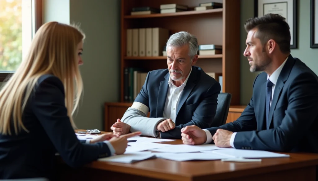 Workers comp attorney finalizing a successful claim with a satisfied client in a legal office