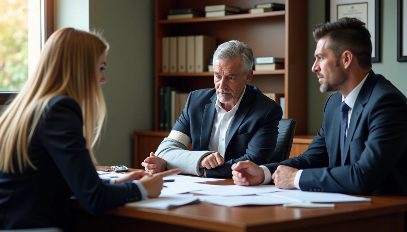 Workers comp attorney finalizing a successful claim with a satisfied client in a legal office