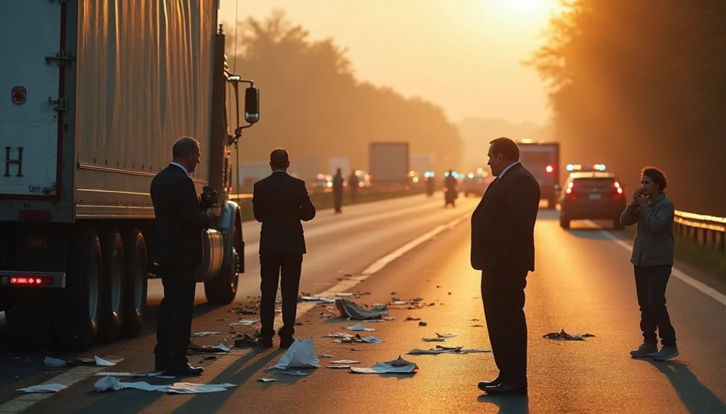 A commercial truck driver reviewing insurance documents with an agent beside the truck.